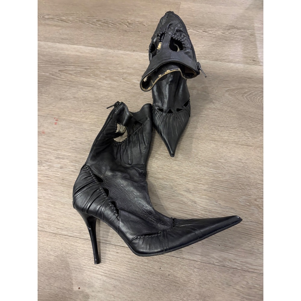 Browns Italy Black Leather Pointed Toe Cutout Stiletto Boots Womens 37 US 7